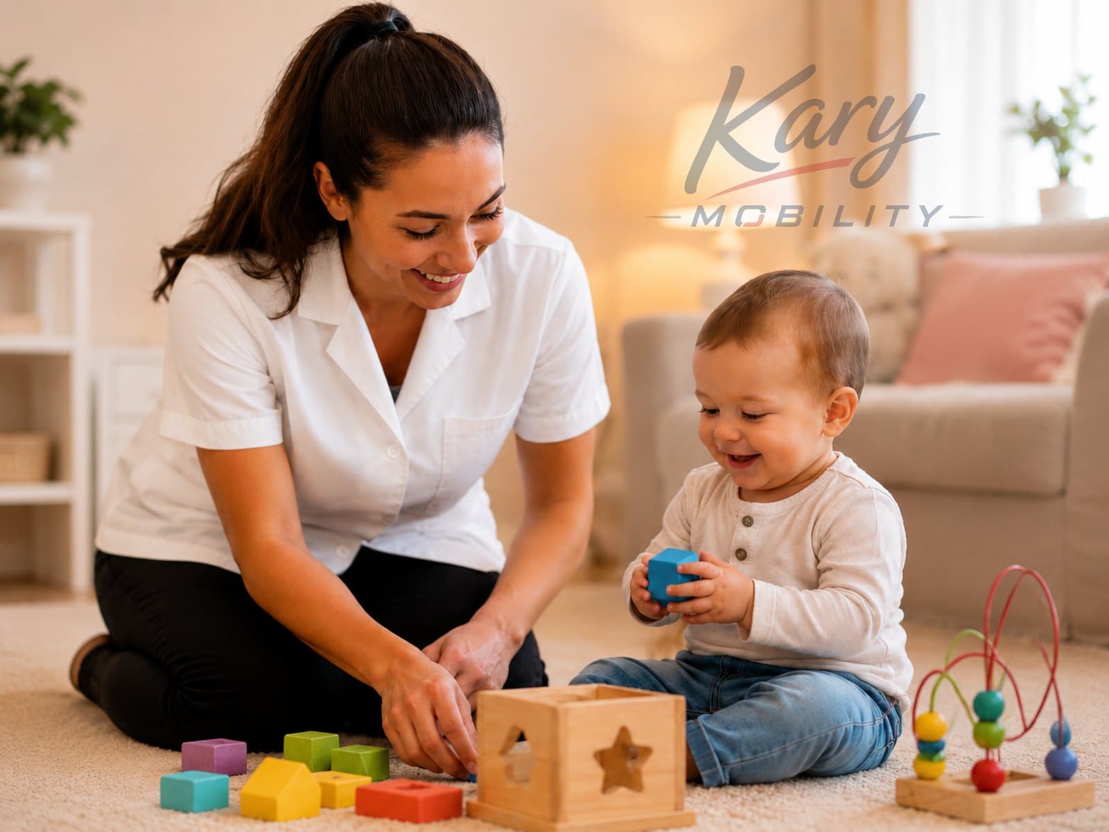 Professional babysitter caring for a child at a hotel